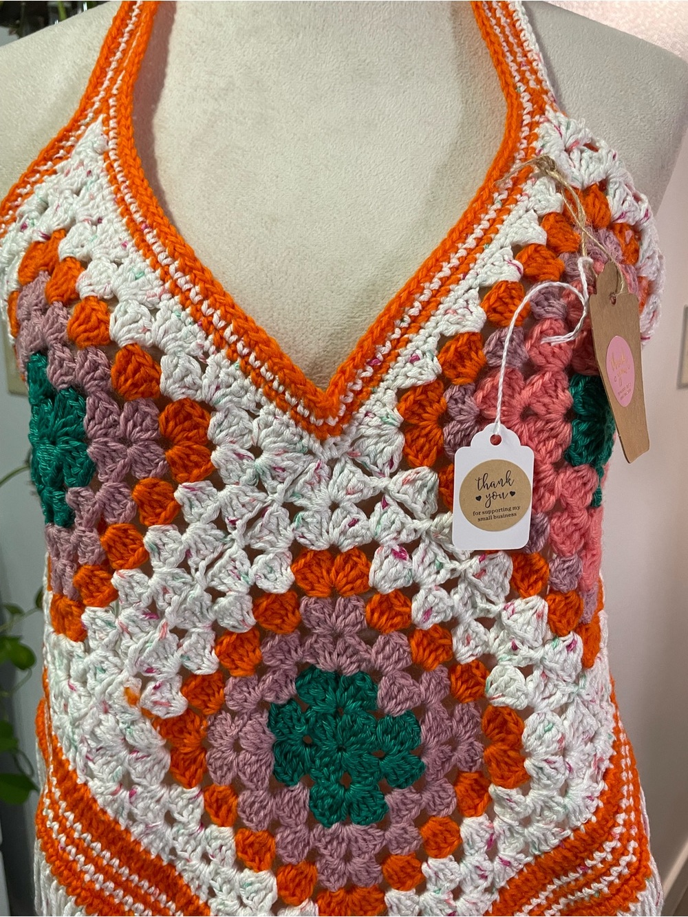 Crochet Fringe Halter Top - White & Orange